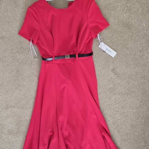 Calvin Klein Pink Fit & Flare Midi Dress with Belt - Picture 3 of 3